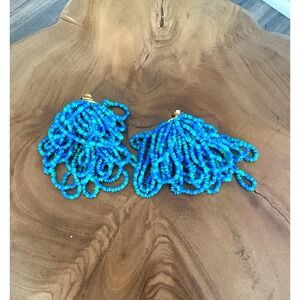 Vintage Seed Bead Clip-On Earrings Cluster Tassel Blue Green 60s 70s Retro MCM